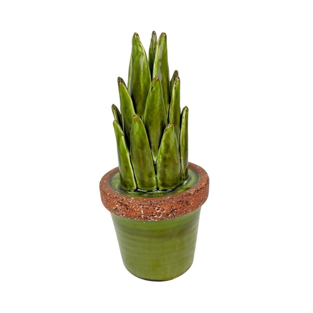 Ceramic Potted Agave Plant Sculpture Green Glossy 11 Inch Tabletop Decor